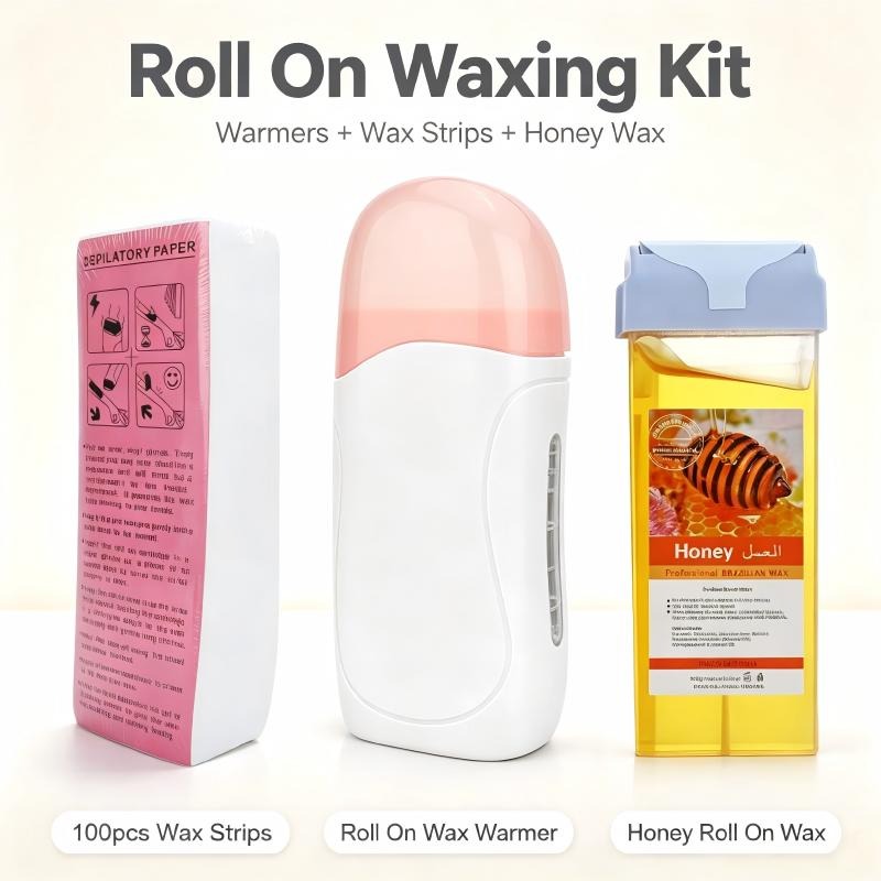 Wax Warmer - ชุดกำจัดขนสำหรับผู้หญิงที่บ้าน พร้อมเครื่องทำความร้อนแว็กซ์แบบโรลออน แว็กซ์แบบตลับ 100 ชิ้น แผ่นแว็กซ์กำจัดขน