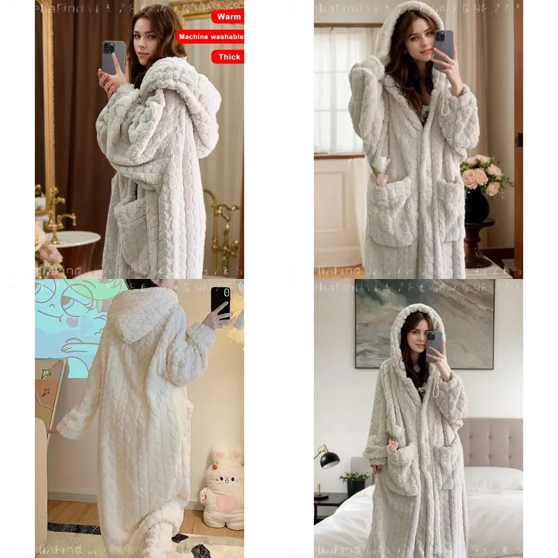 Bathrobe - เสื้อคลุมผ้าฟลานเนลสำหรับผู้หญิง ฤดูใบไม้ร่วง ฤดูหนาว ผ้าคอรัลฟลีซ เสื้อคลุมยาวสำหรับใส่พักผ่อน เสื้อคลุมนอนนุ่ม
