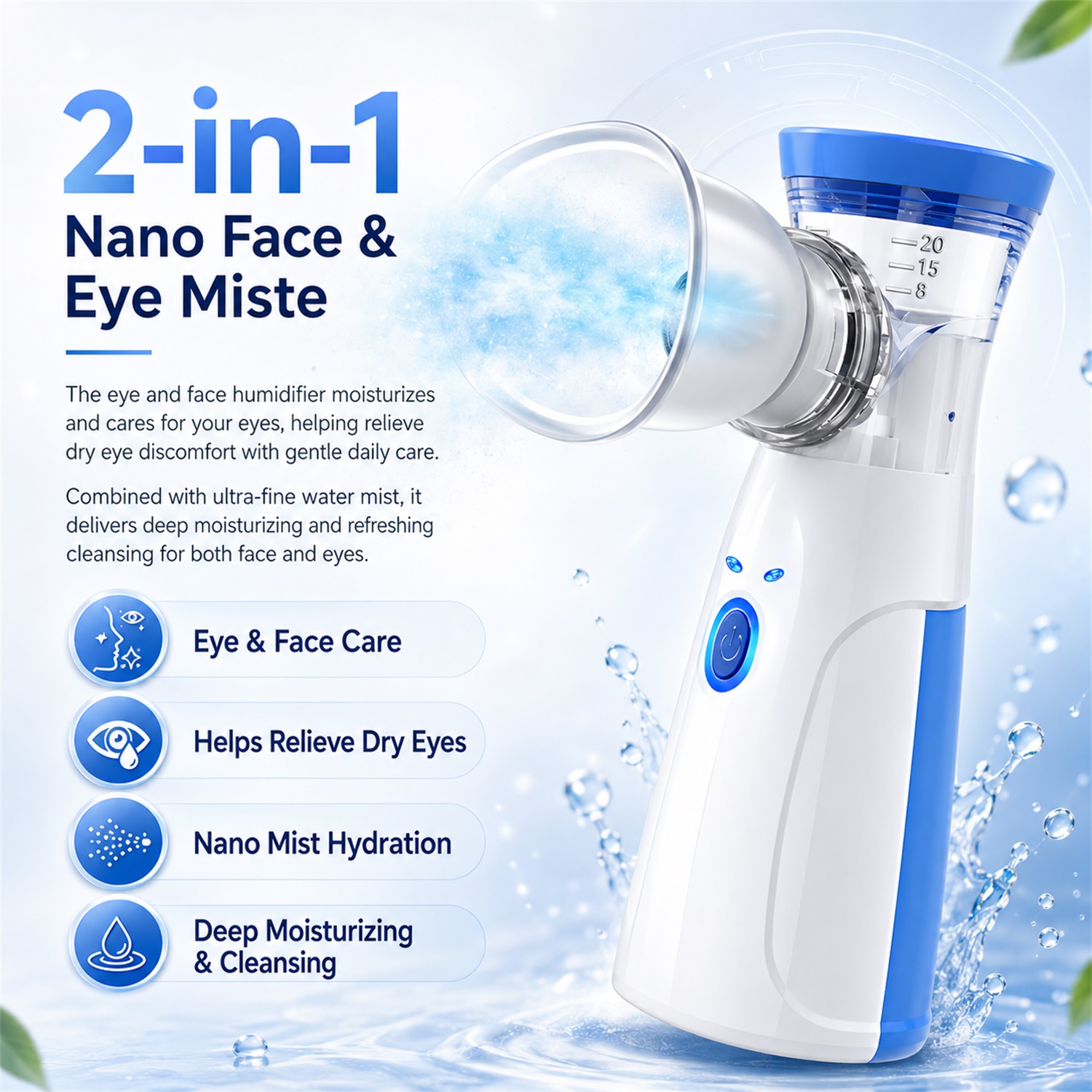 Face Steamer - เครื่องพ่นไอน้ำนาโนแบบพกพาสำหรับใบหน้า, เครื่องพ่นไอน้ำอเนกประสงค์สำหรับดวงตาและใบหน้า, อุปกรณ์ดูแลผิวให้ชุ่มชื้น